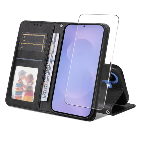 Samsung Galaxy S26 ENKAY Card Wallet Calf Texture Leather Phone Case with 0.18mm High Aluminum-silicon Glass Film - Black