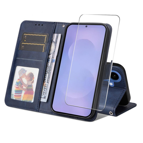 Samsung Galaxy S26 ENKAY Card Wallet Calf Texture Leather Phone Case with 0.18mm High Aluminum-silicon Glass Film - Blue