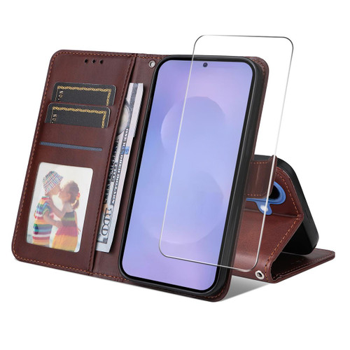 Samsung Galaxy S26 ENKAY Card Wallet Calf Texture Leather Phone Case with 0.18mm High Aluminum-silicon Glass Film - Brown