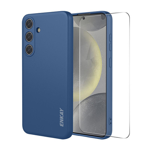 Samsung Galaxy S26 ENKAY Liquid Silicone Soft Shockproof Phone Case with 0.18mm Ultrasonic Unlock Glass Film - Dark Blue