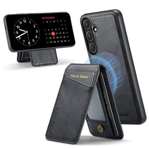 Samsung Galaxy S26 Fierre Shann Cowhide Vertical Flip Magnetic Card Holder Phone Case - Black