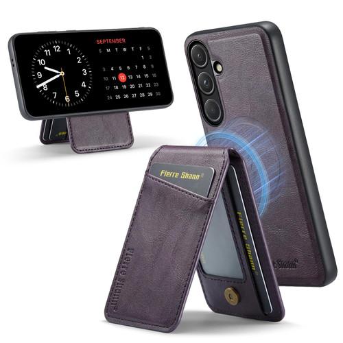 Samsung Galaxy S26 Fierre Shann Cowhide Vertical Flip Magnetic Card Holder Phone Case - Purple
