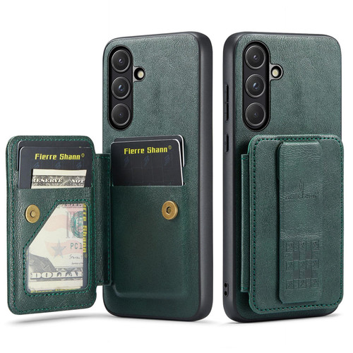 Samsung Galaxy S26 Fierre Shann FS-024 Oil Wax Cow Leather Card Holder Back Phone Case - Green