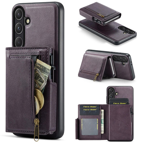 Samsung Galaxy S26 Fierre Shann Oil Wax Vegan Leather Magnetic Card Holder Back Phone Case - Purple