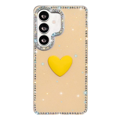 Samsung Galaxy S26 Flash Rhinestone Double-sided IMD Love Heart Phone Case - Glitter Yellow