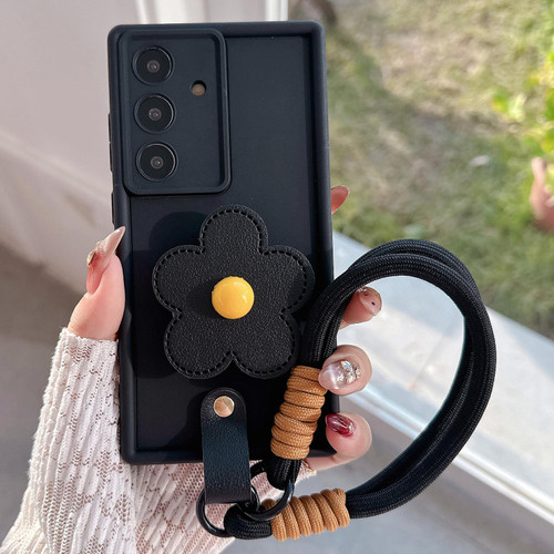 Samsung Galaxy S26 Floral Holder TPU Phone Case with PU Buckle Lanyard - Black
