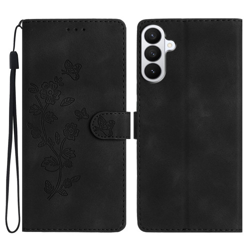 Samsung Galaxy S26 Flower Butterfly Embossing Pattern Leather Phone Case - Black