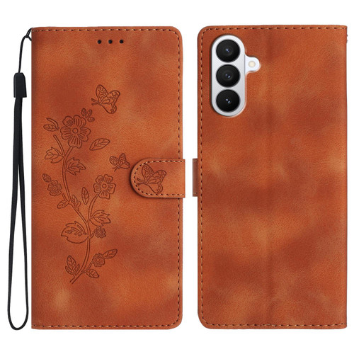 Samsung Galaxy S26 Flower Butterfly Embossing Pattern Leather Phone Case - Brown