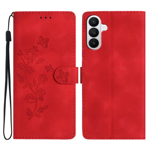 Samsung Galaxy S26 Flower Butterfly Embossing Pattern Leather Phone Case - Red