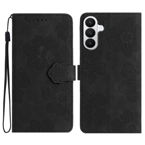 Samsung Galaxy S26 Flower Embossing Pattern Leather Phone Case - Black