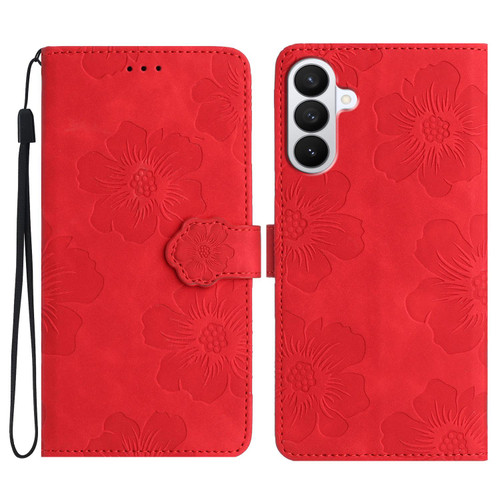 Samsung Galaxy S26 Flower Embossing Pattern Leather Phone Case - Red