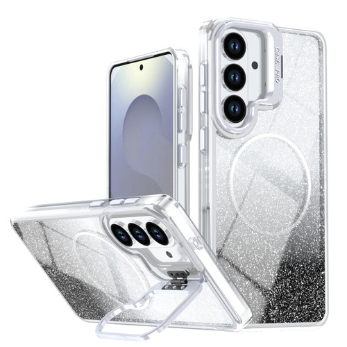 Samsung Galaxy S26 Glitter Gradient Magnetic Lens Frame Holder Phone Case - Black