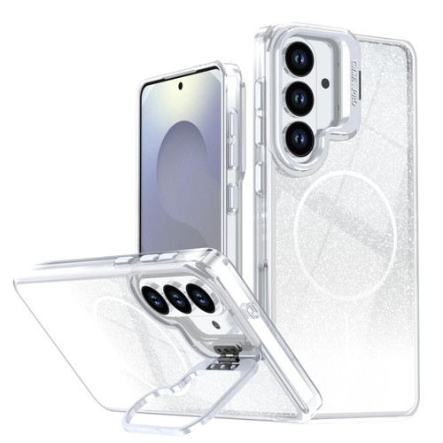 Samsung Galaxy S26 Glitter Gradient Magnetic Lens Frame Holder Phone Case - White