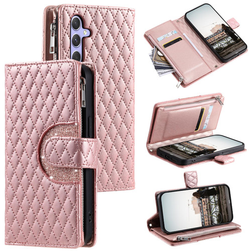 Samsung Galaxy S26 Glitter Lattice Zipper Wallet Leather Phone Case - Rose Gold