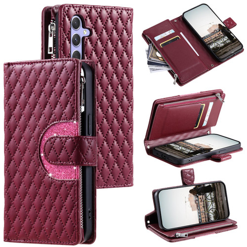Samsung Galaxy S26 Glitter Lattice Zipper Wallet Leather Phone Case - Wine Red