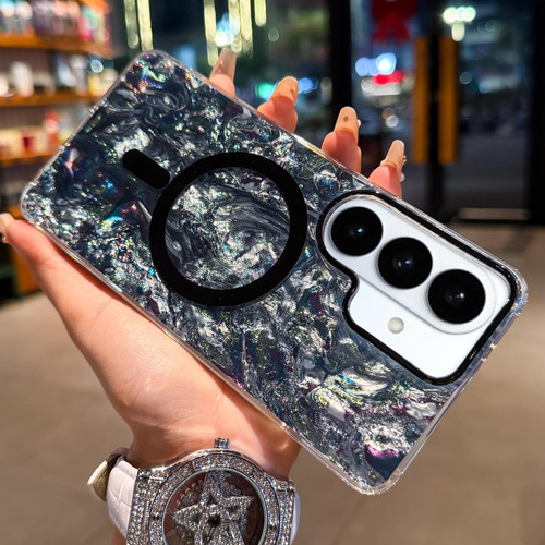 Samsung Galaxy S26 Gold-plated Shell Texture Magnetic Phone Case - Black