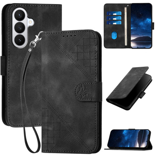 Samsung Galaxy S26 Grid Butterfly Embossed Pattern Leather Phone Case with Lanyard - Black