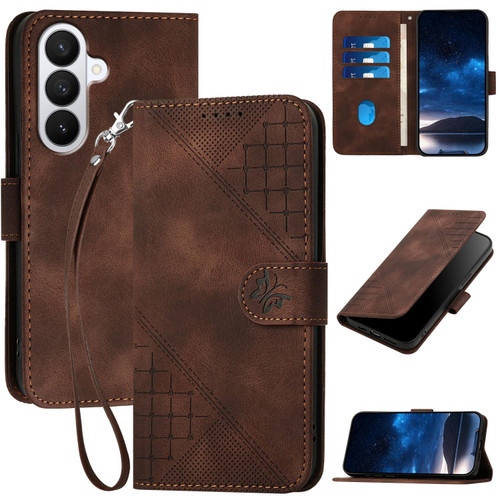Samsung Galaxy S26 Grid Butterfly Embossed Pattern Leather Phone Case with Lanyard - Coffee