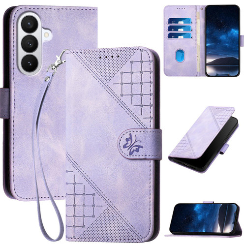 Samsung Galaxy S26 Grid Butterfly Embossed Pattern Leather Phone Case with Lanyard - Light Purple