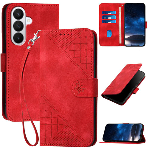 Samsung Galaxy S26 Grid Butterfly Embossed Pattern Leather Phone Case with Lanyard - Red