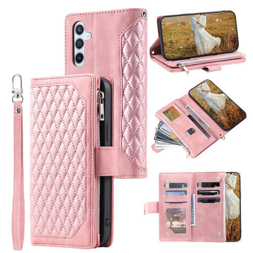 Samsung Galaxy S26 Grid Texture Zipper Leather Phone Case with Lanyard - Rose Gold