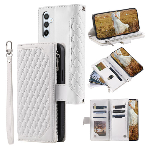 Samsung Galaxy S26 Grid Texture Zipper Leather Phone Case with Lanyard - White