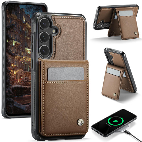 Samsung Galaxy S26 JEEHOOD J06 British Style RFID MagSafe Card Bag PU Phone Case - Brown