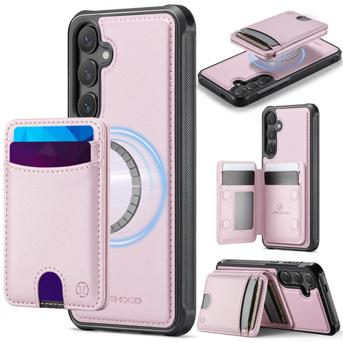 Samsung Galaxy S26 JEEHOOD J10 Flip Card Bag MagSafe Split RFID Leather Phone Case - Pink