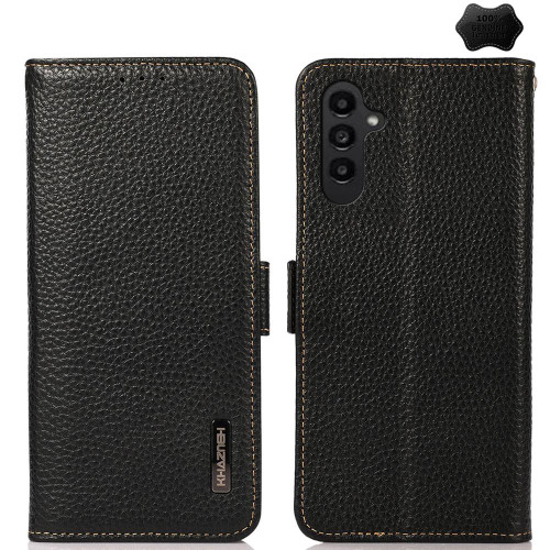 Samsung Galaxy S26 KHAZNEH Side-Magnetic Litchi Genuine Leather RFID Phone Case - Black