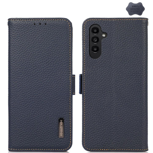Samsung Galaxy S26 KHAZNEH Side-Magnetic Litchi Genuine Leather RFID Phone Case - Blue