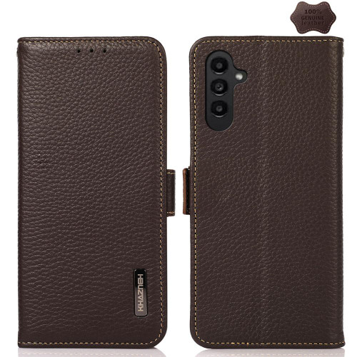 Samsung Galaxy S26 KHAZNEH Side-Magnetic Litchi Genuine Leather RFID Phone Case - Brown