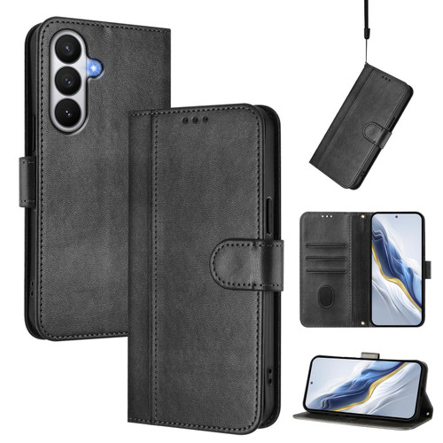 Samsung Galaxy S26 Line Splicing Buckle Retro Leather Phone Case - Black