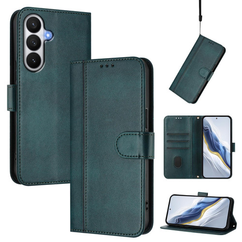 Samsung Galaxy S26 Line Splicing Buckle Retro Leather Phone Case - Dark Green