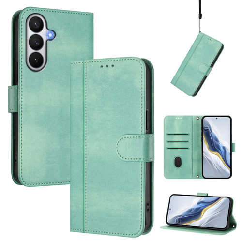 Samsung Galaxy S26 Line Splicing Buckle Retro Leather Phone Case - Mint Green