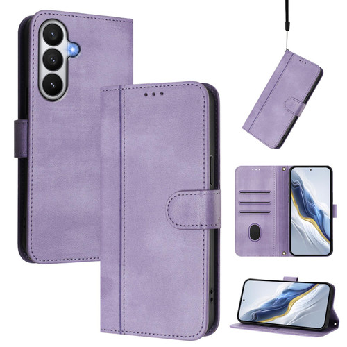 Samsung Galaxy S26 Line Splicing Buckle Retro Leather Phone Case - Purple