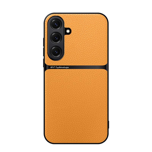 Samsung Galaxy S26 Litchi Leather Magnetic Full Coverage Shockproof Phone Case - Yellow