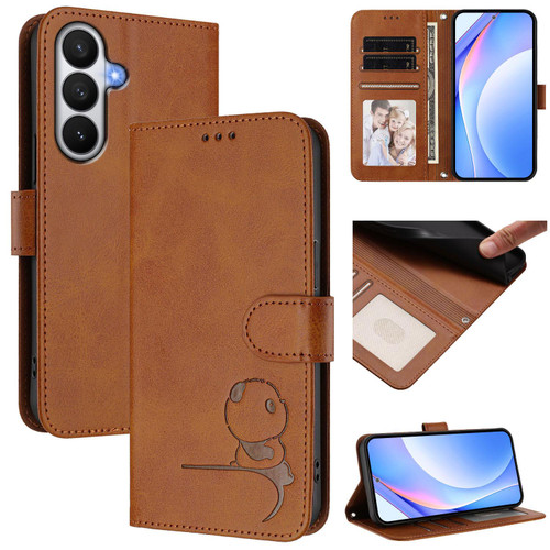 Samsung Galaxy S26 Litter Panda Embossing RFID Leather Phone Case with Lanyard - Brown