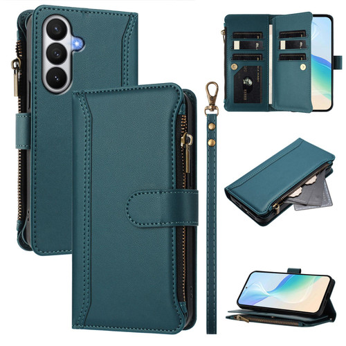 Samsung Galaxy S26 Magnetic Closure 9 Card Slots Zipper Leather Case with Hand Strap - Dark Green
