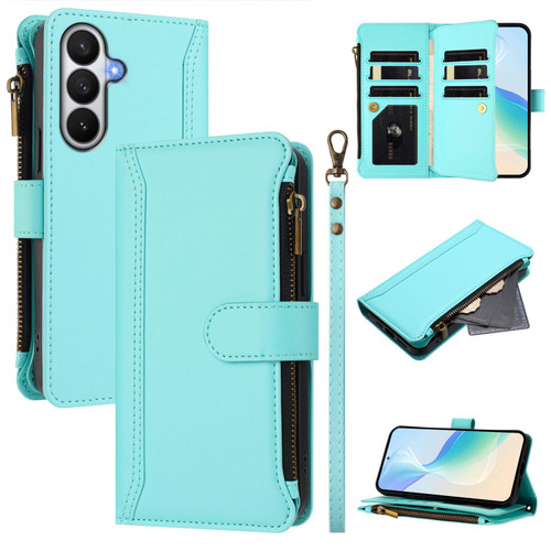 Samsung Galaxy S26 Magnetic Closure 9 Card Slots Zipper Leather Case with Hand Strap - Mint Green