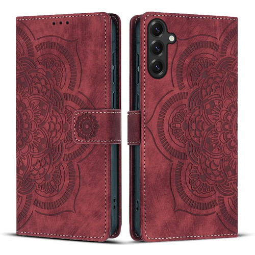 Samsung Galaxy S26 Mandala Embossed Retro Frosted Leather Phone Case - Red