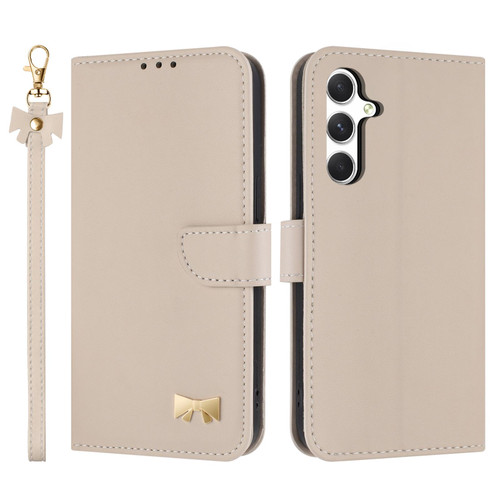 Samsung Galaxy S26 Metal Bow Leather Phone Case with Hand Strap - Apricot