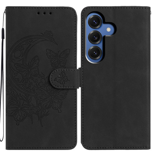 Samsung Galaxy S26 Moonlit Butterfly Dance Pattern Embossed Leather Phone Case - Black