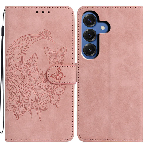 Samsung Galaxy S26 Moonlit Butterfly Dance Pattern Embossed Leather Phone Case - Pink