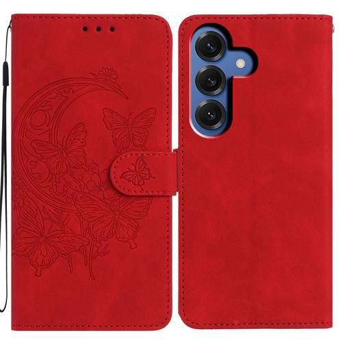 Samsung Galaxy S26 Moonlit Butterfly Dance Pattern Embossed Leather Phone Case - Red