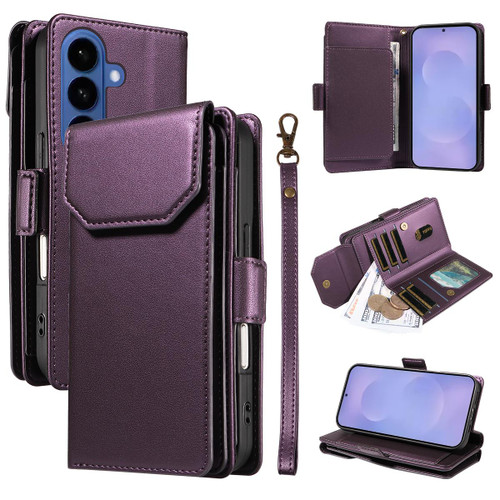 Samsung Galaxy S26 Multi Card Wallet Leather Phone Case with Strap - Purple