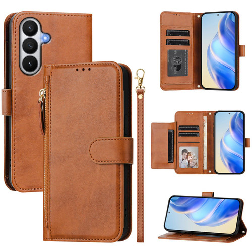 Samsung Galaxy S26 Multi-Card Slots Zipper Wallet Leather Phone Case - Brown