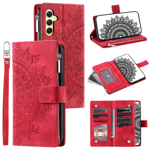 Samsung Galaxy S26 Multi-Card Totem Zipper Leather Phone Case - Red