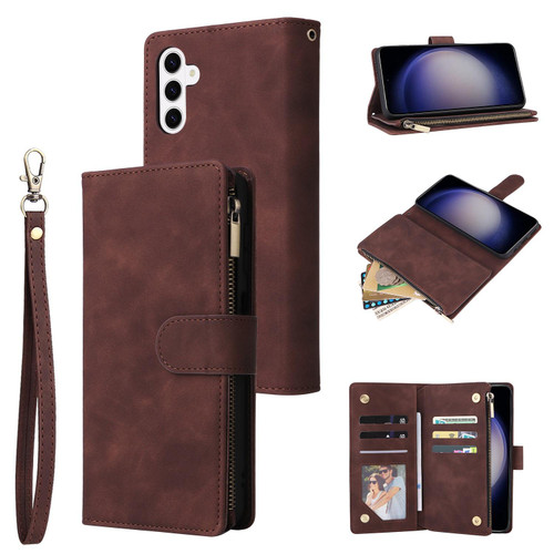 Samsung Galaxy S26 Multifunctional Frosted Zipper Wallet Leather Phone Case - Coffee
