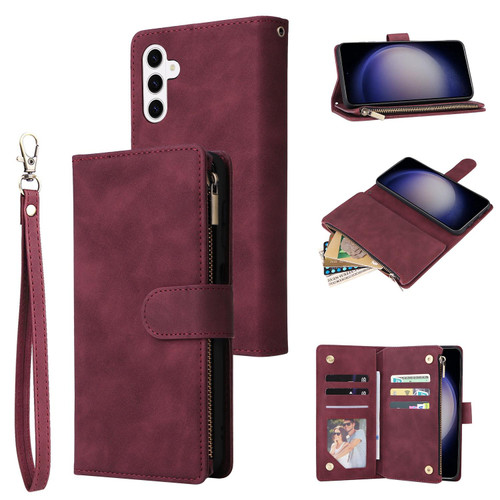 Samsung Galaxy S26 Multifunctional Frosted Zipper Wallet Leather Phone Case - Wine Red