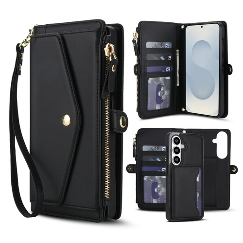 Samsung Galaxy S26 Multifunctional Wallet Detachable Leather Phone Case with Lanyard - Black